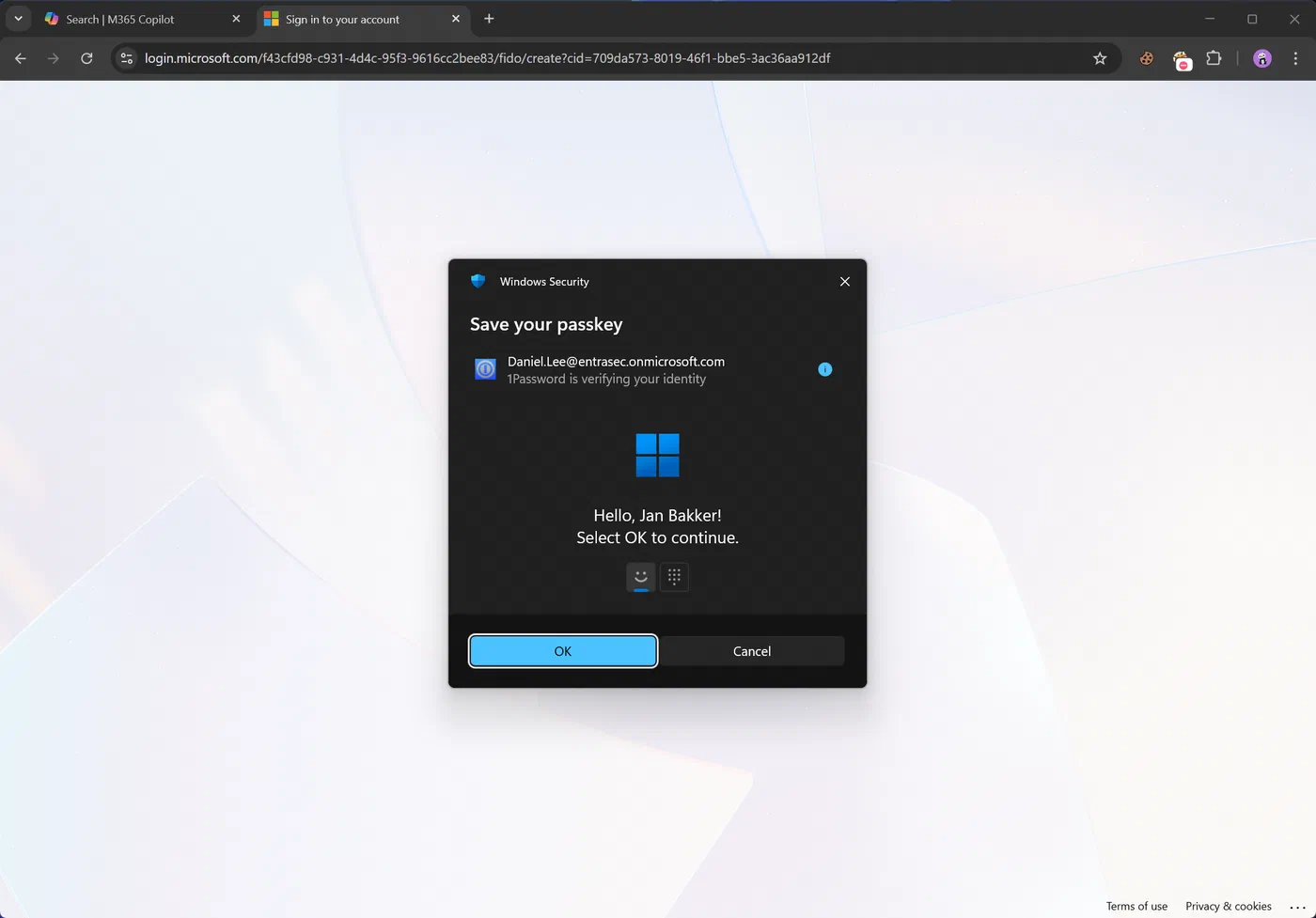 Screenshot showing Microsoft 365 passkeys stored in 1Password (step 8)