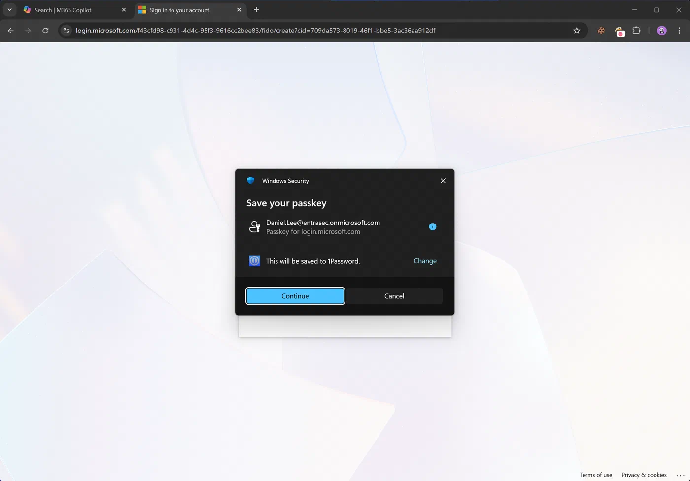 Screenshot showing Microsoft 365 passkeys stored in 1Password (step 6)