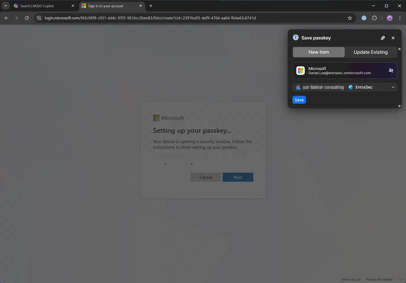 Screenshot showing Microsoft 365 passkeys stored in 1Password (step 12)