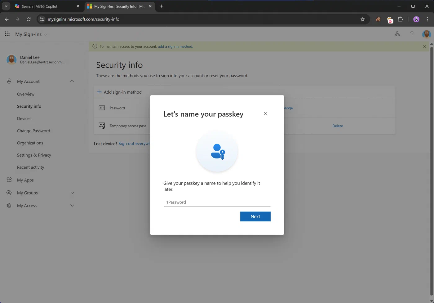 Screenshot showing Microsoft 365 passkeys stored in 1Password (step 9)
