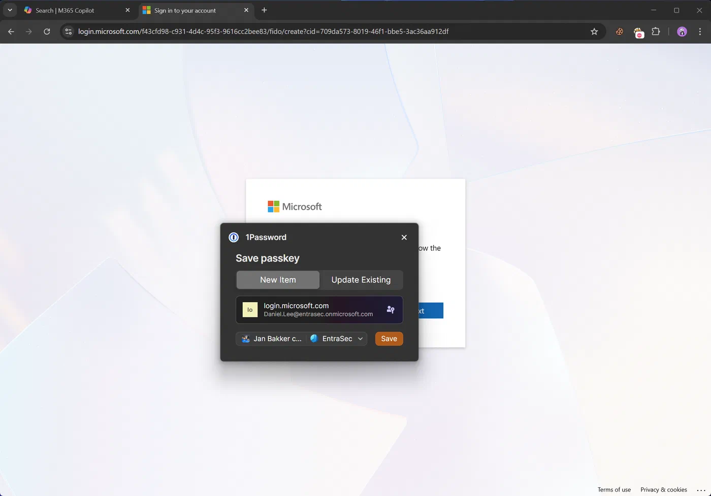 Screenshot showing Microsoft 365 passkeys stored in 1Password (step 7)