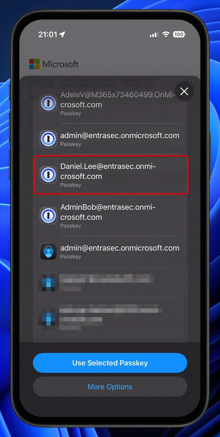 Screenshot showing Microsoft 365 passkeys stored in 1Password (step 13)