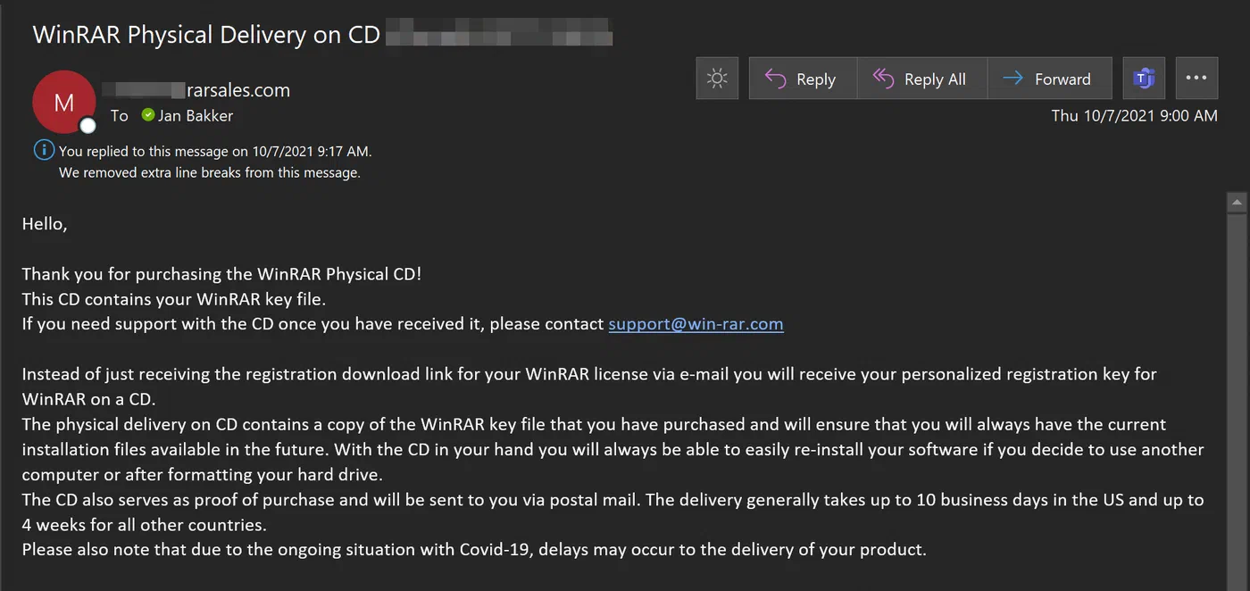 Email confirming a WinRAR license and CD order