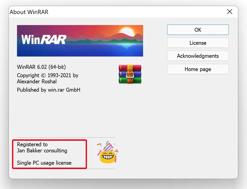 WinRAR license registered in the application