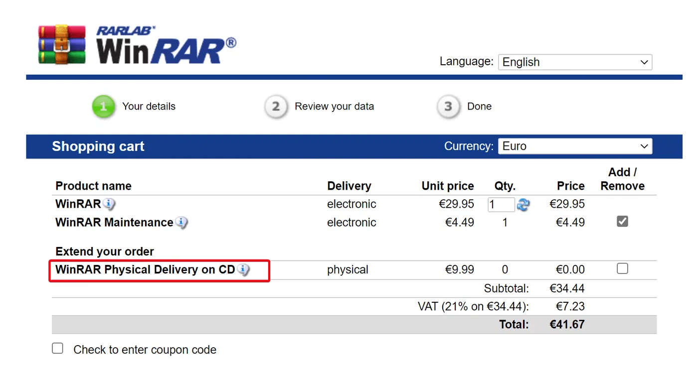 WinRAR webshop order page with the physical CD delivery option