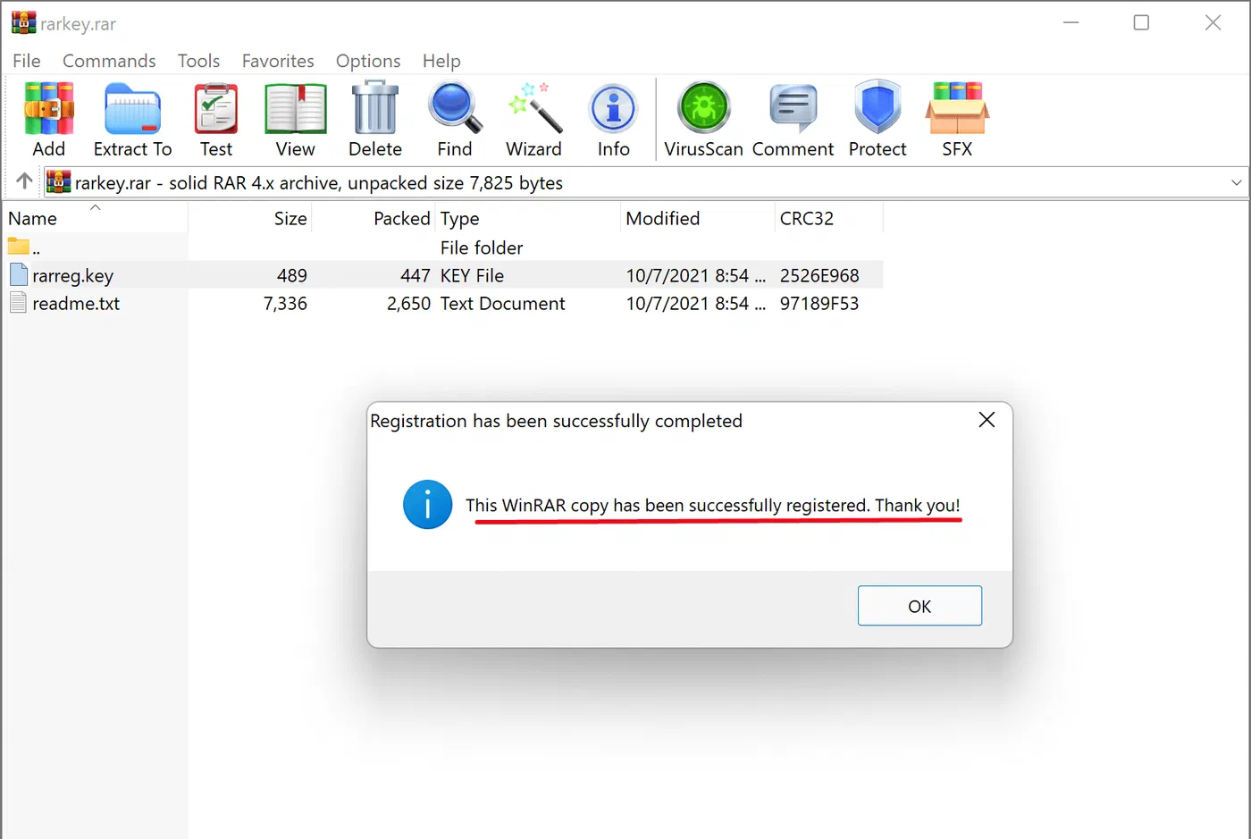 WinRAR license details after installation