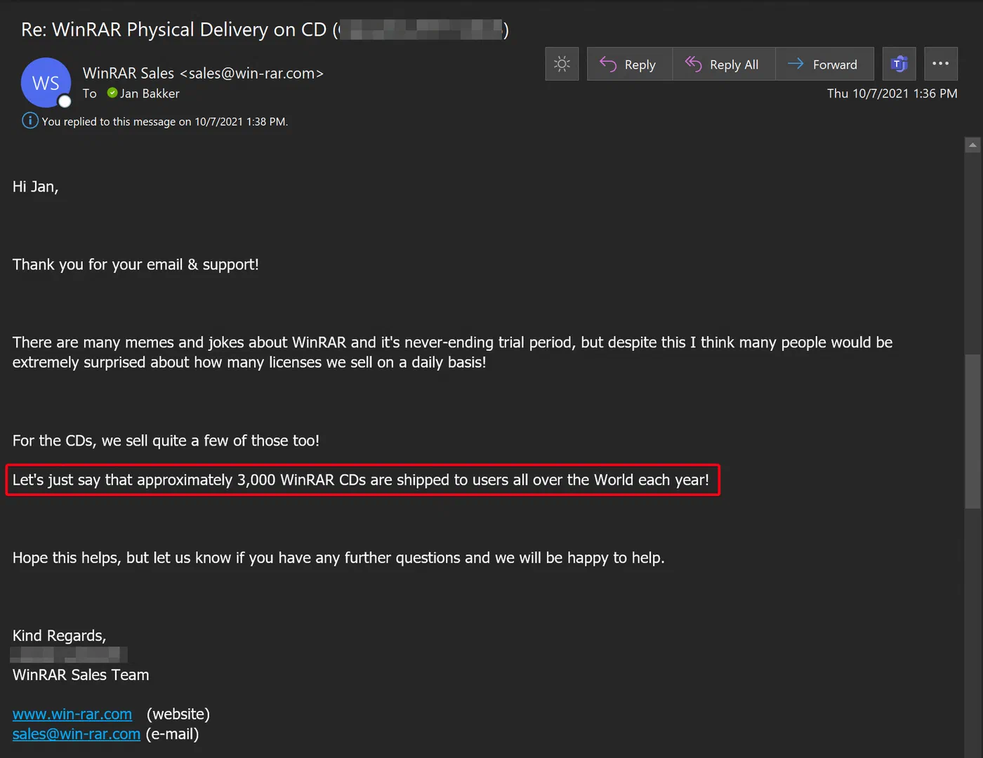 Email exchange with WinRAR sales about physical CD orders