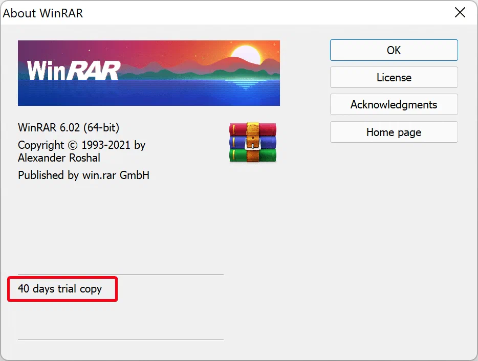 WinRAR license terms describing the trial period