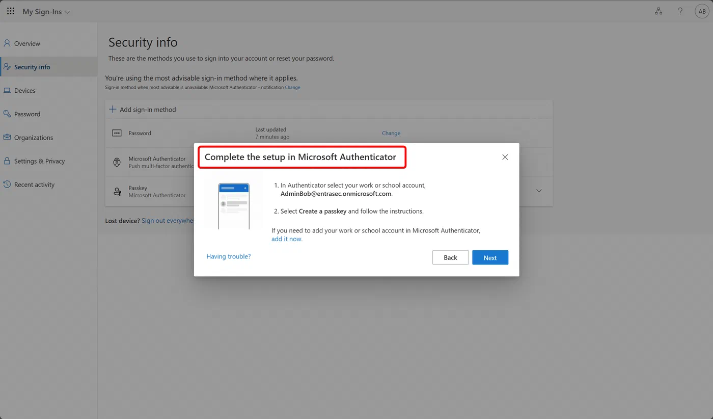 Screenshot 8 from Things you should know before rolling out device-bound passkeys in Microsoft Authenticator App