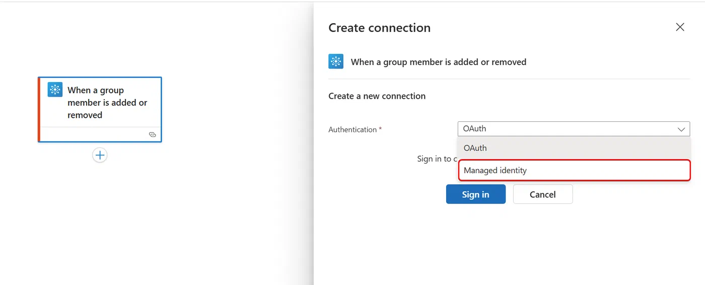 Screenshot showing Logic App group membership change automation (step 2)