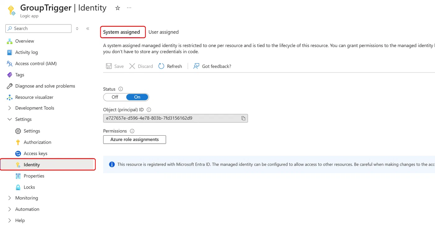 Screenshot showing Logic App group membership change automation (step 3)