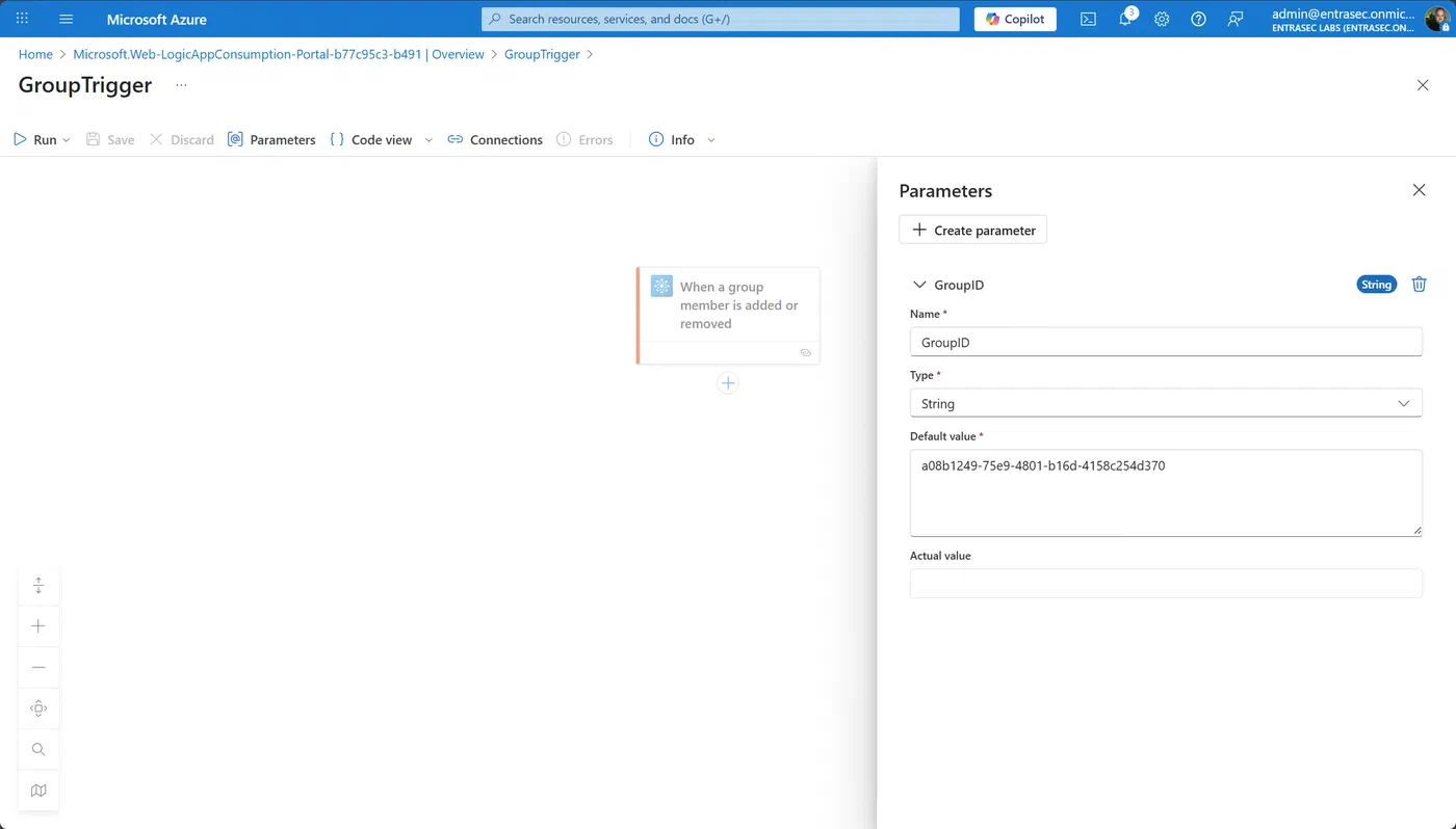 Screenshot showing Logic App group membership change automation (step 6)