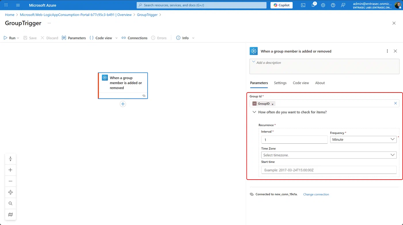 Screenshot showing Logic App group membership change automation (step 7)