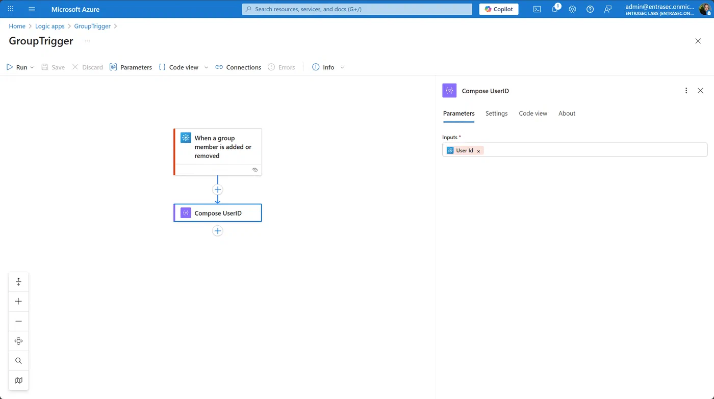 Screenshot showing Logic App group membership change automation (step 8)