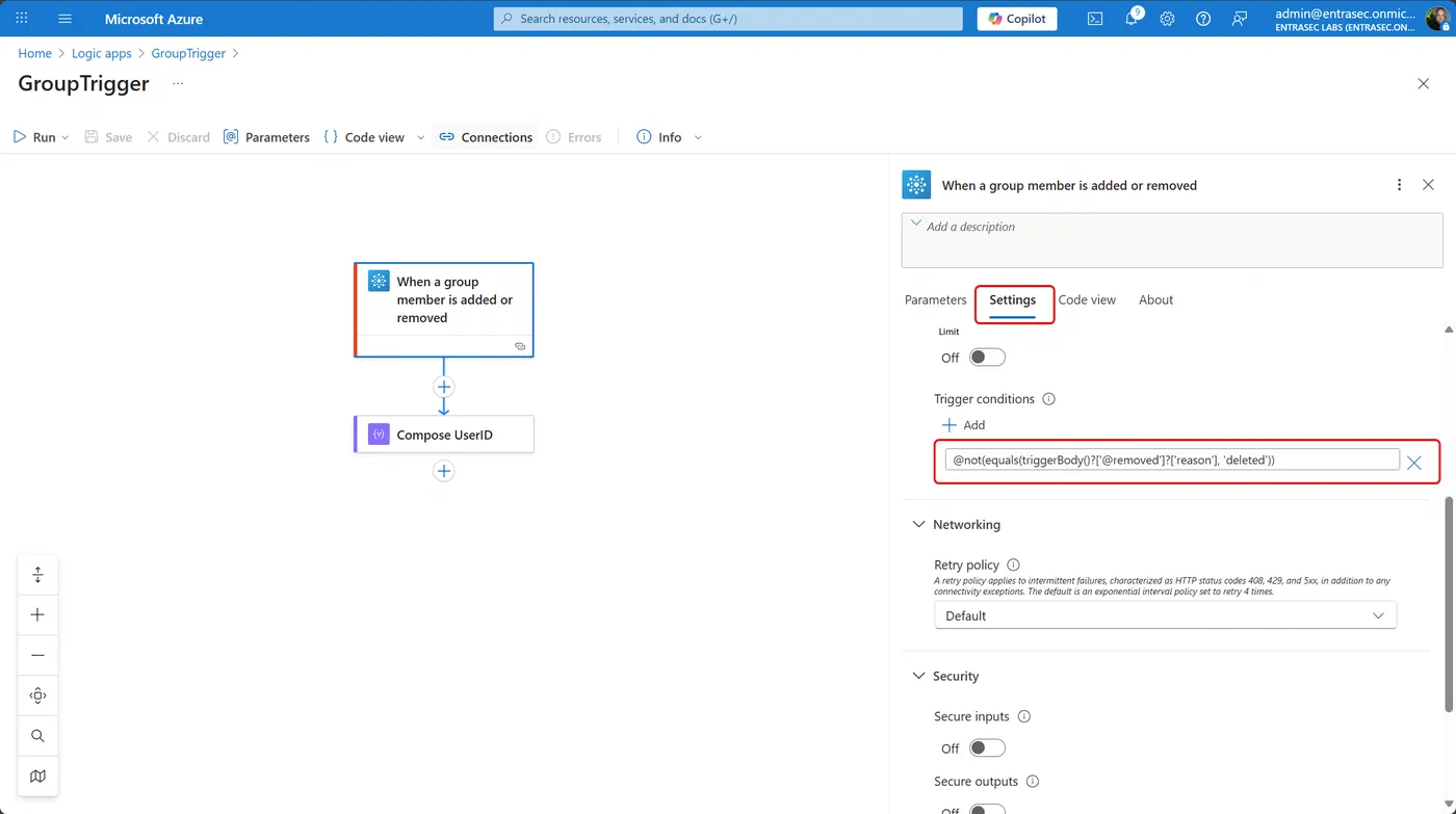 Screenshot showing Logic App group membership change automation (step 9)