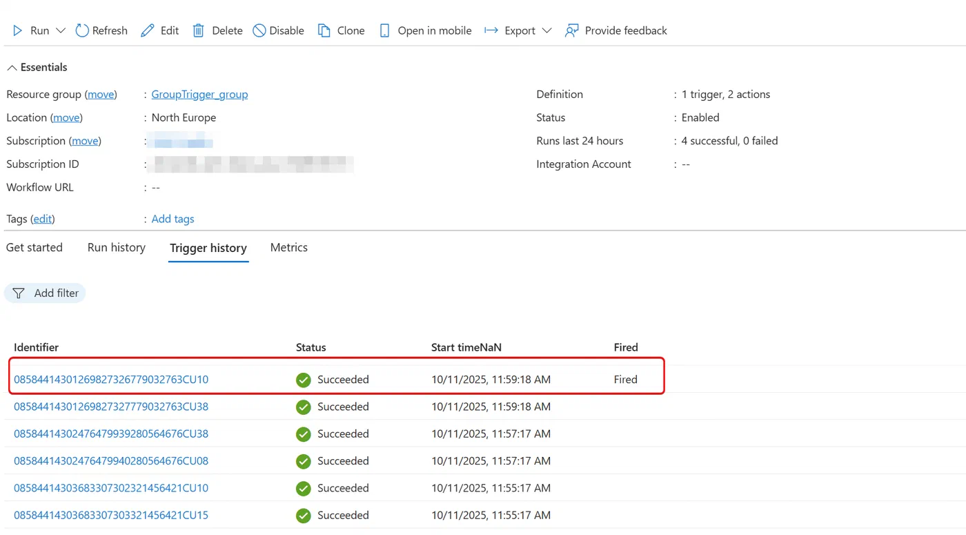 Screenshot showing Logic App group membership change automation (step 10)