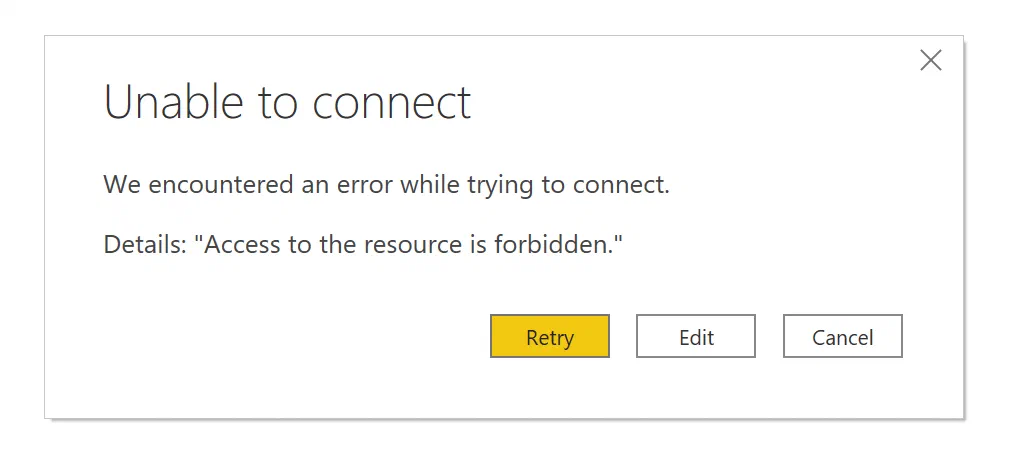 Power BI Desktop shows the failed Microsoft Graph OData connection