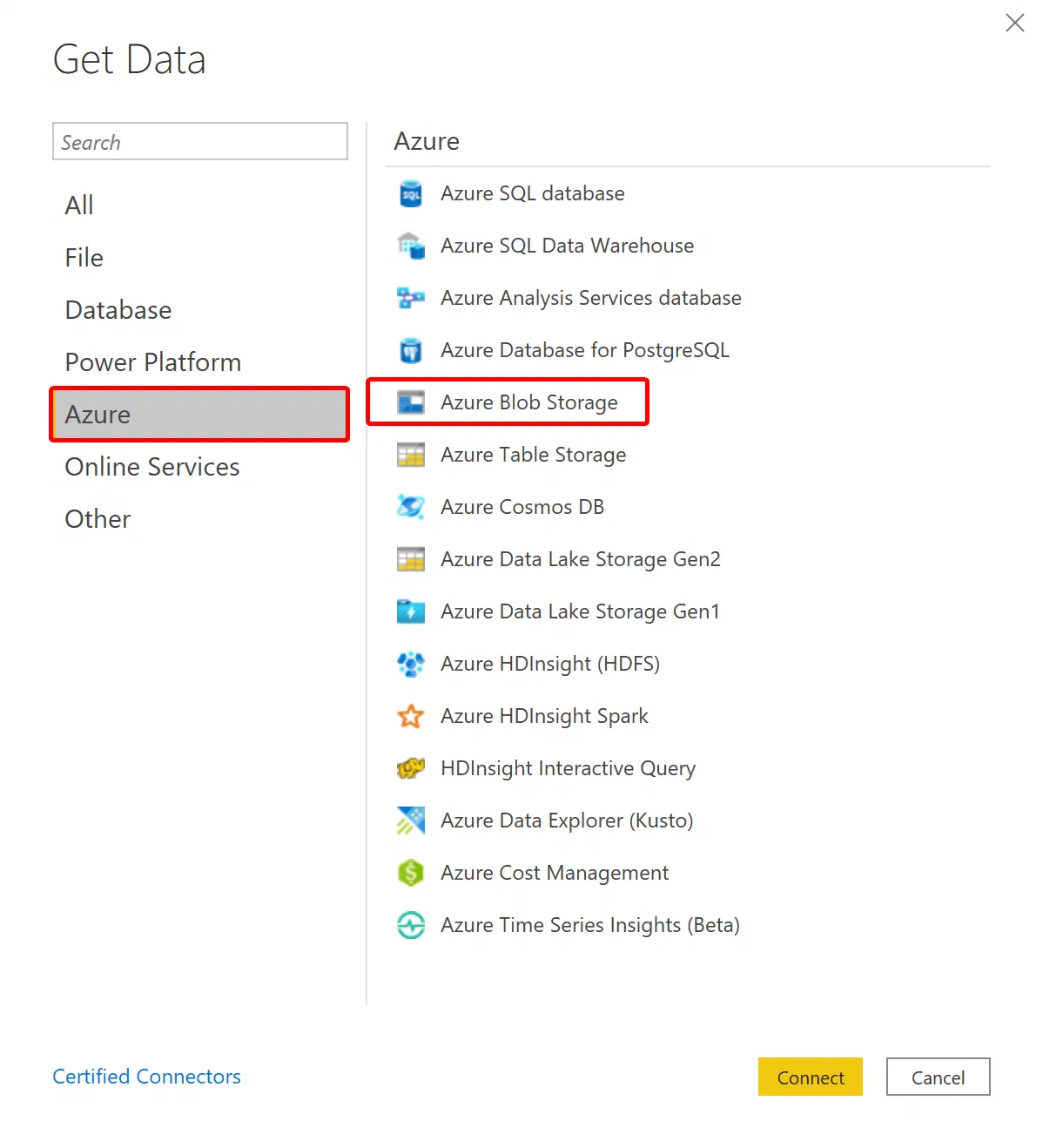 Power BI Desktop connecting to the Azure Blob Storage data source