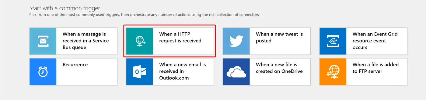 Logic Apps designer selecting the HTTP request trigger