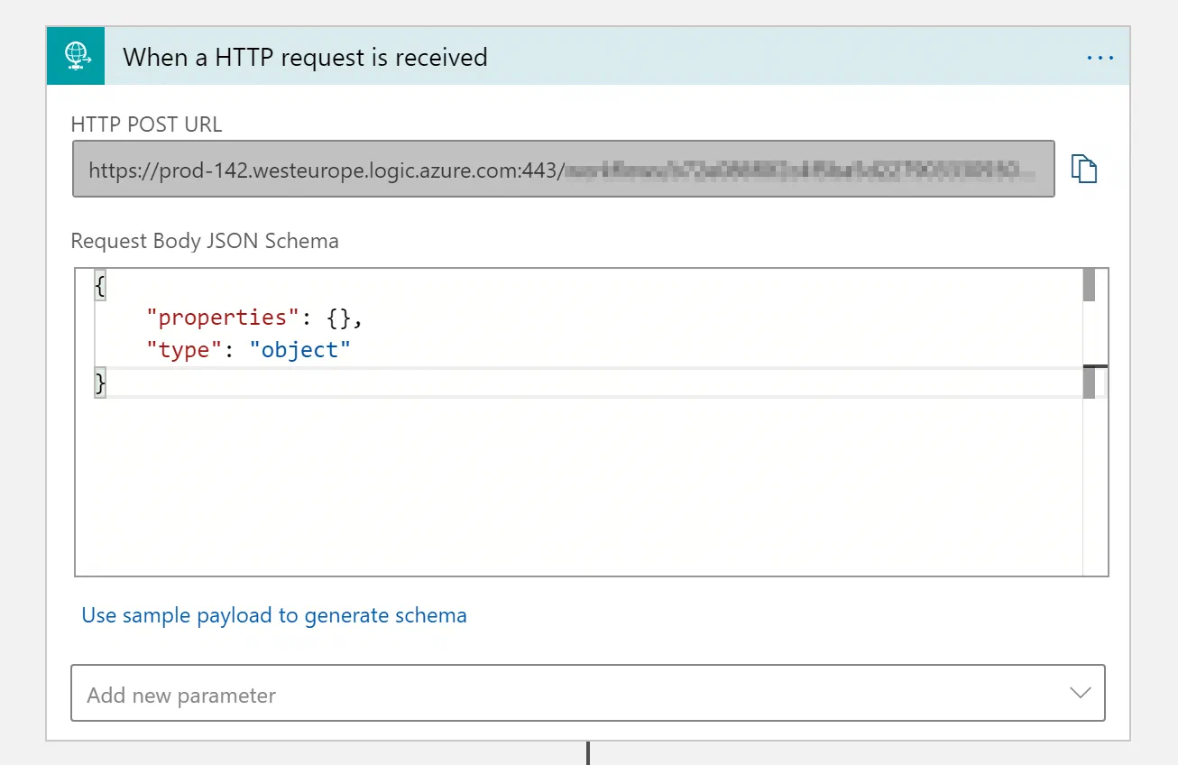 Logic Apps HTTP trigger showing its generated POST URL