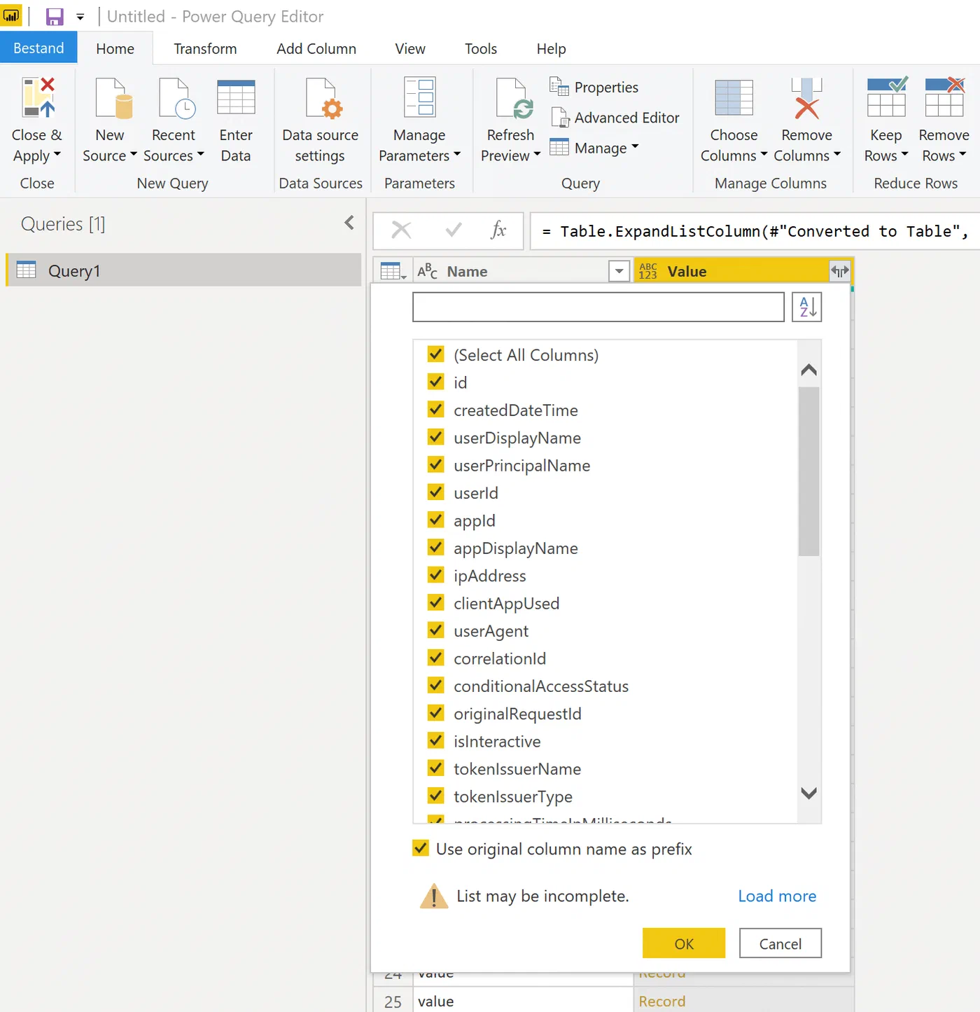 Power Query choosing fields to expand into table columns