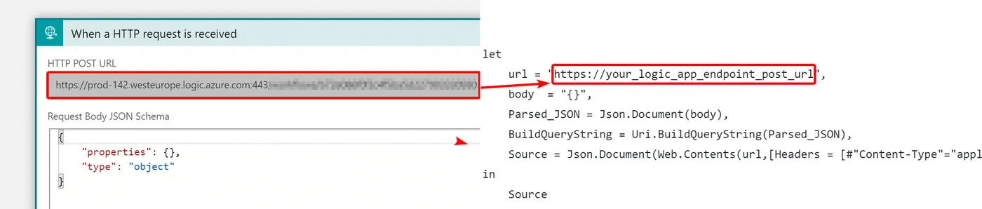 Power Query Advanced Editor with the Logic Apps request query