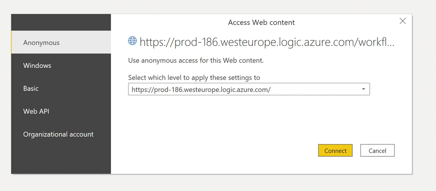 Power BI credential dialog set to anonymous connection