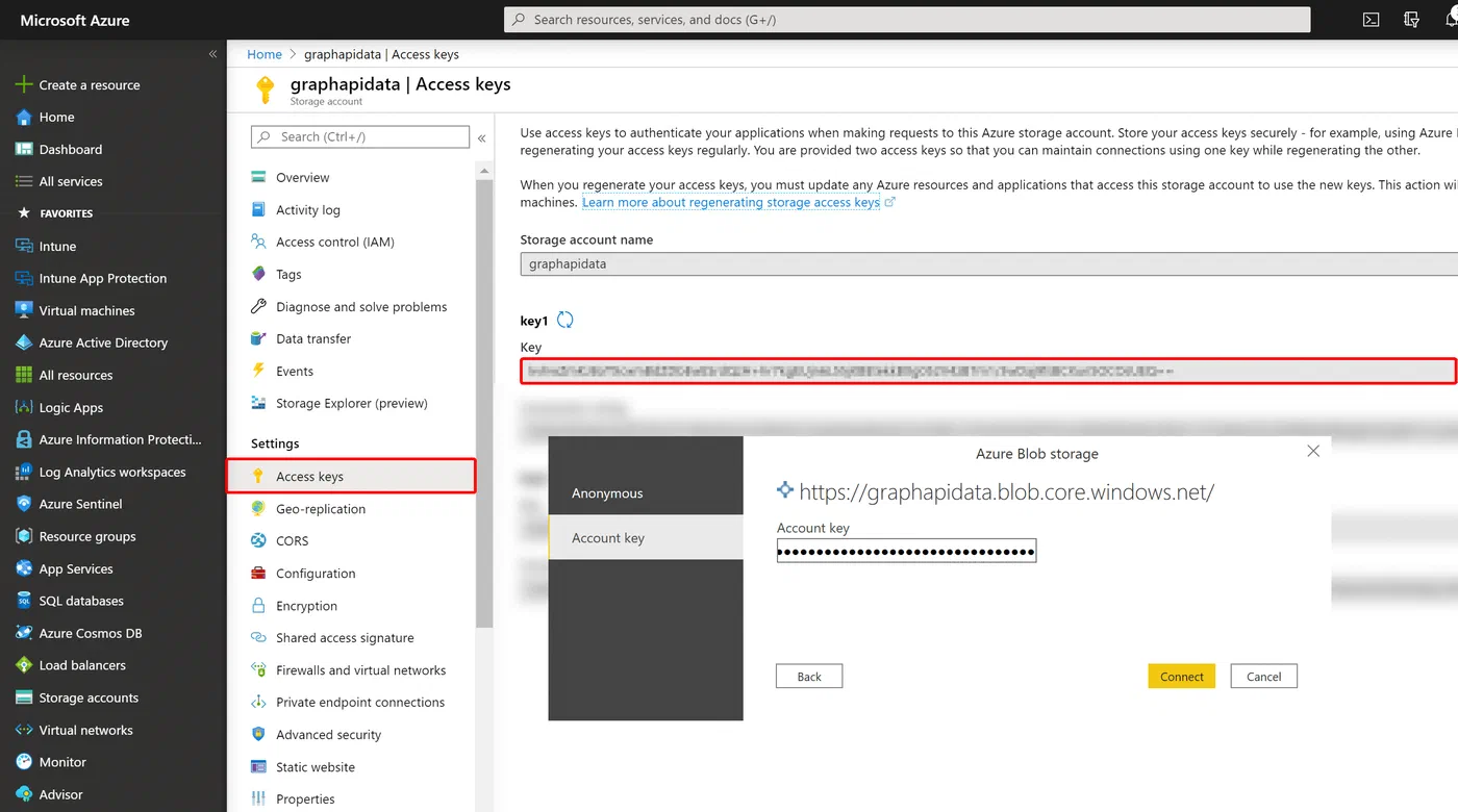Power BI Azure Blob connector credential prompt for the storage access key