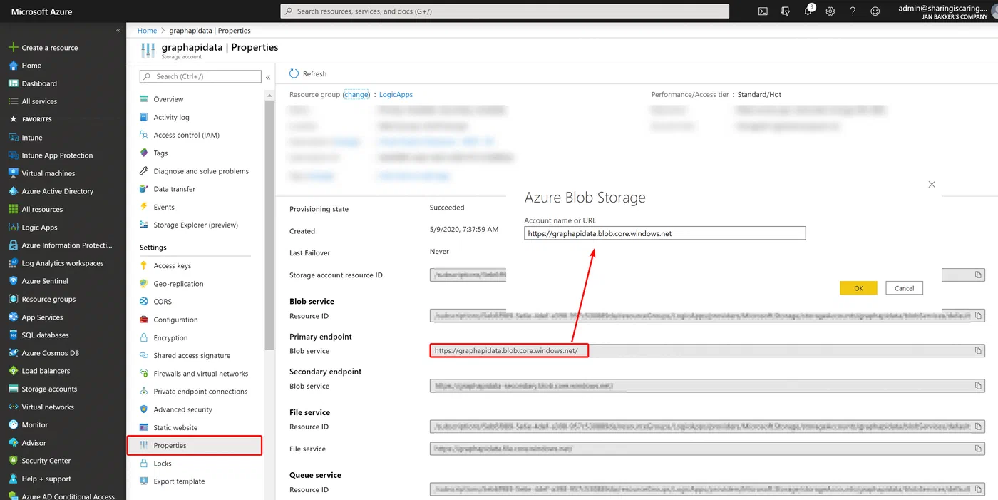 Power BI Azure Blob connector configured with the storage path