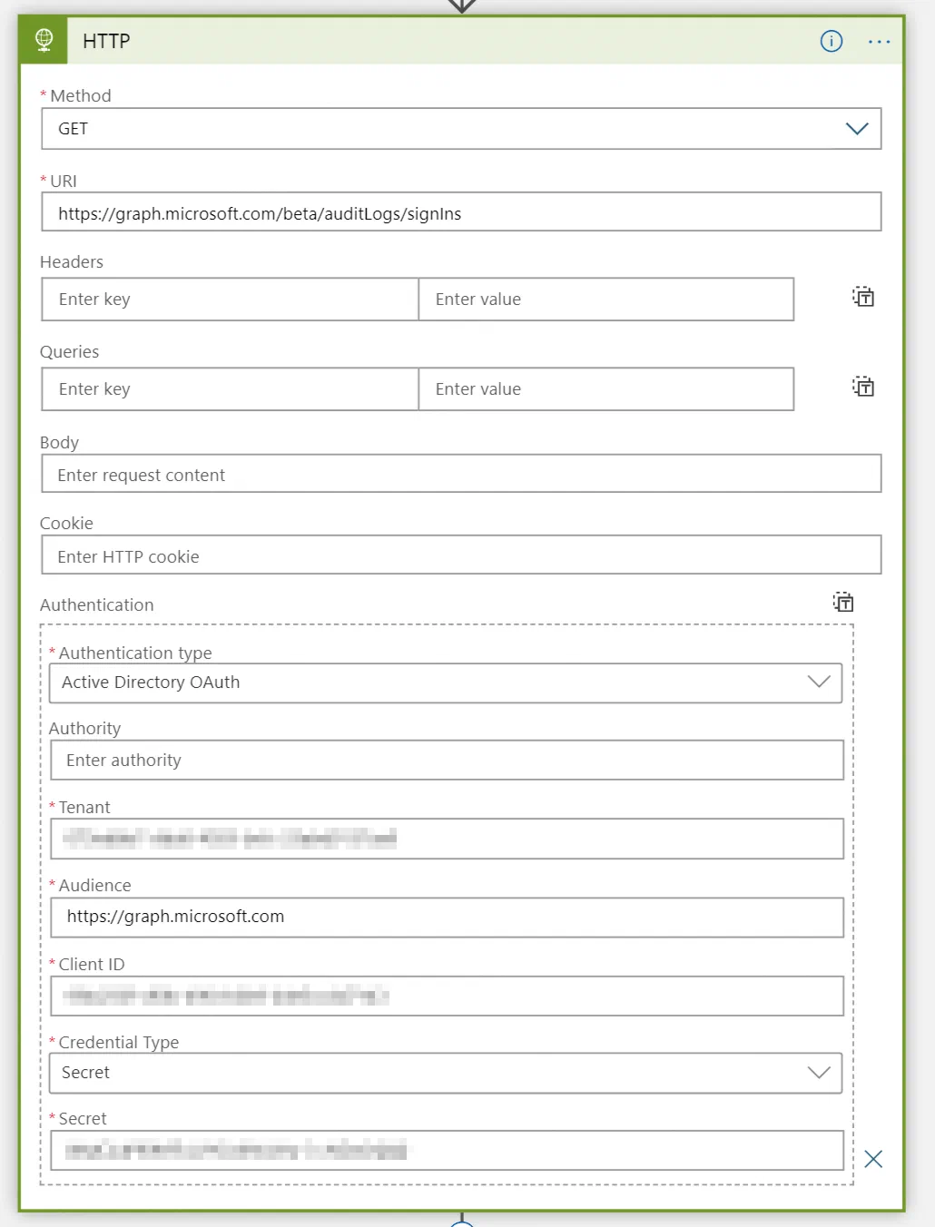 Logic Apps HTTP action configured for Microsoft Graph OAuth authentication