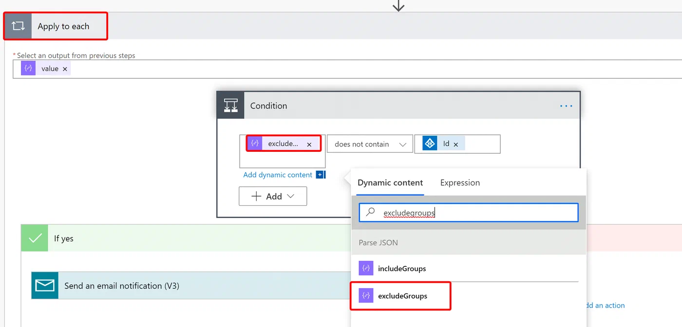 Power Automate condition comparing policy excluded groups with the target group