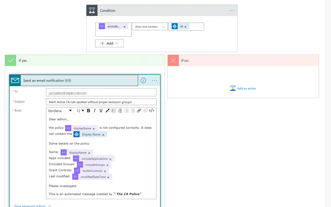 Power Automate email action configured to alert administrators about missing exclusions