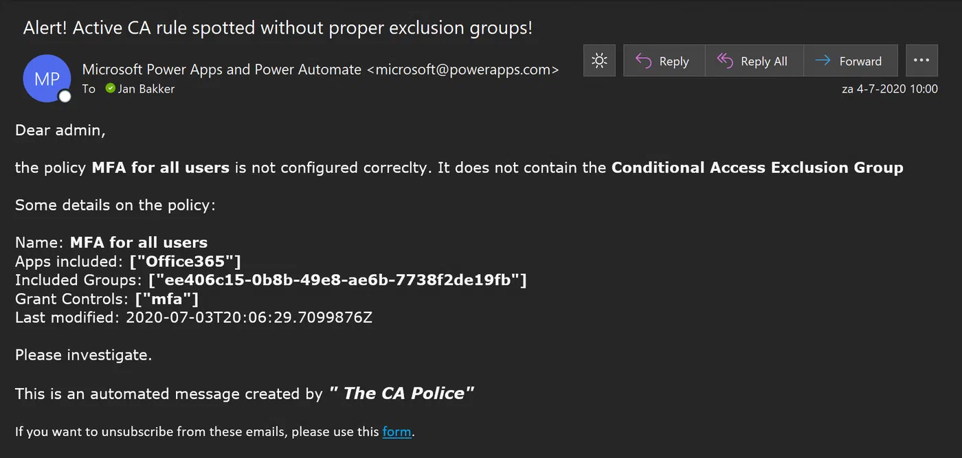Email alert reporting a Conditional Access policy missing its exclusion group