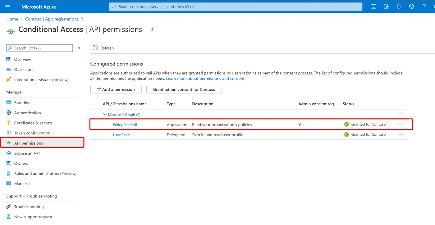 Azure portal app registration settings for the Conditional Access monitoring flow