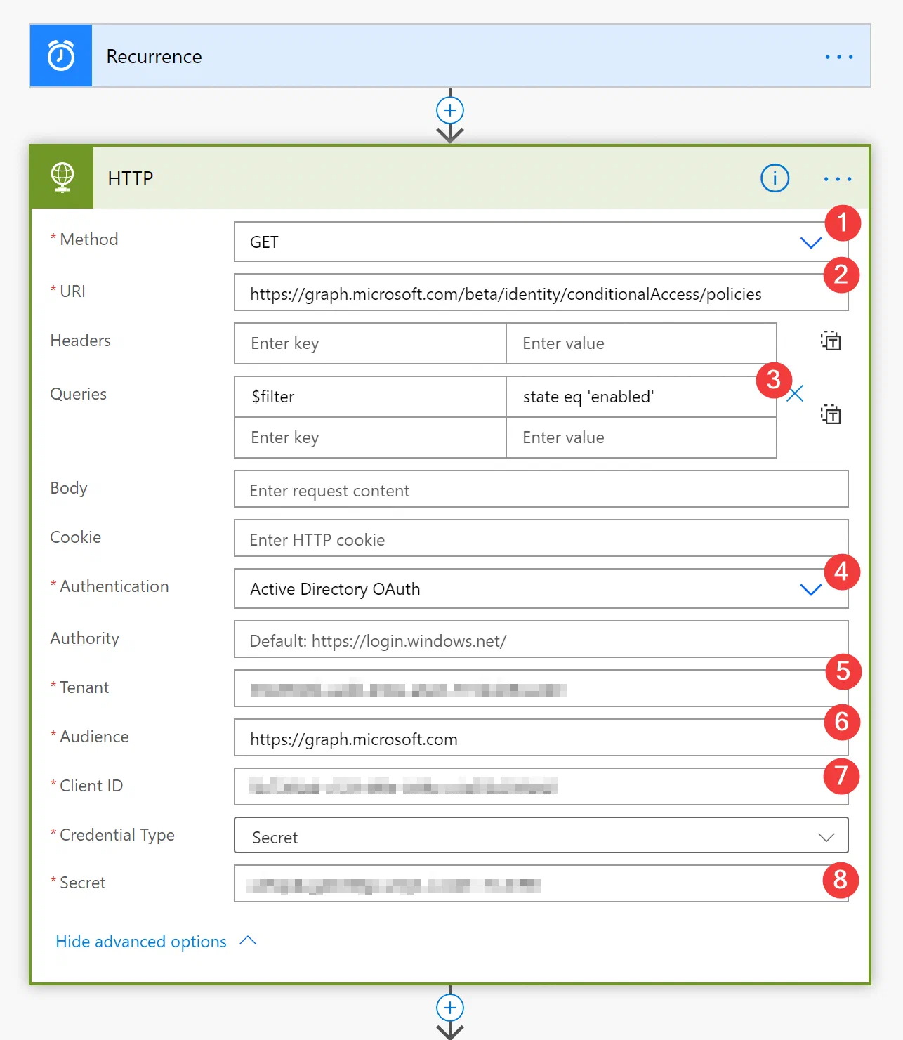 Power Automate HTTP action requesting enabled Conditional Access policies