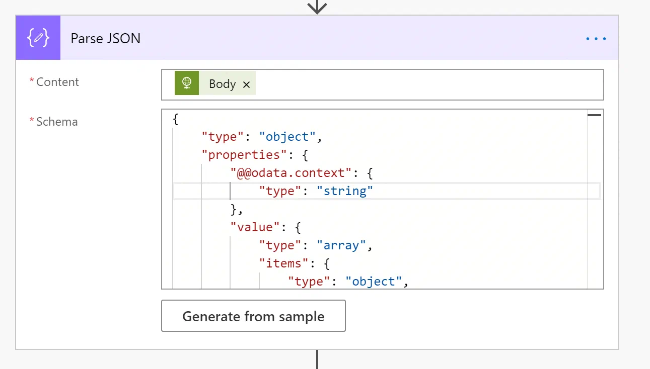 Power Automate Parse JSON action configured with the policy response