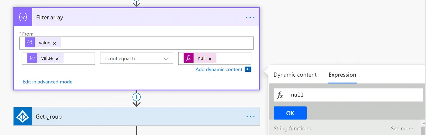 Power Automate filter array action removing null registration records