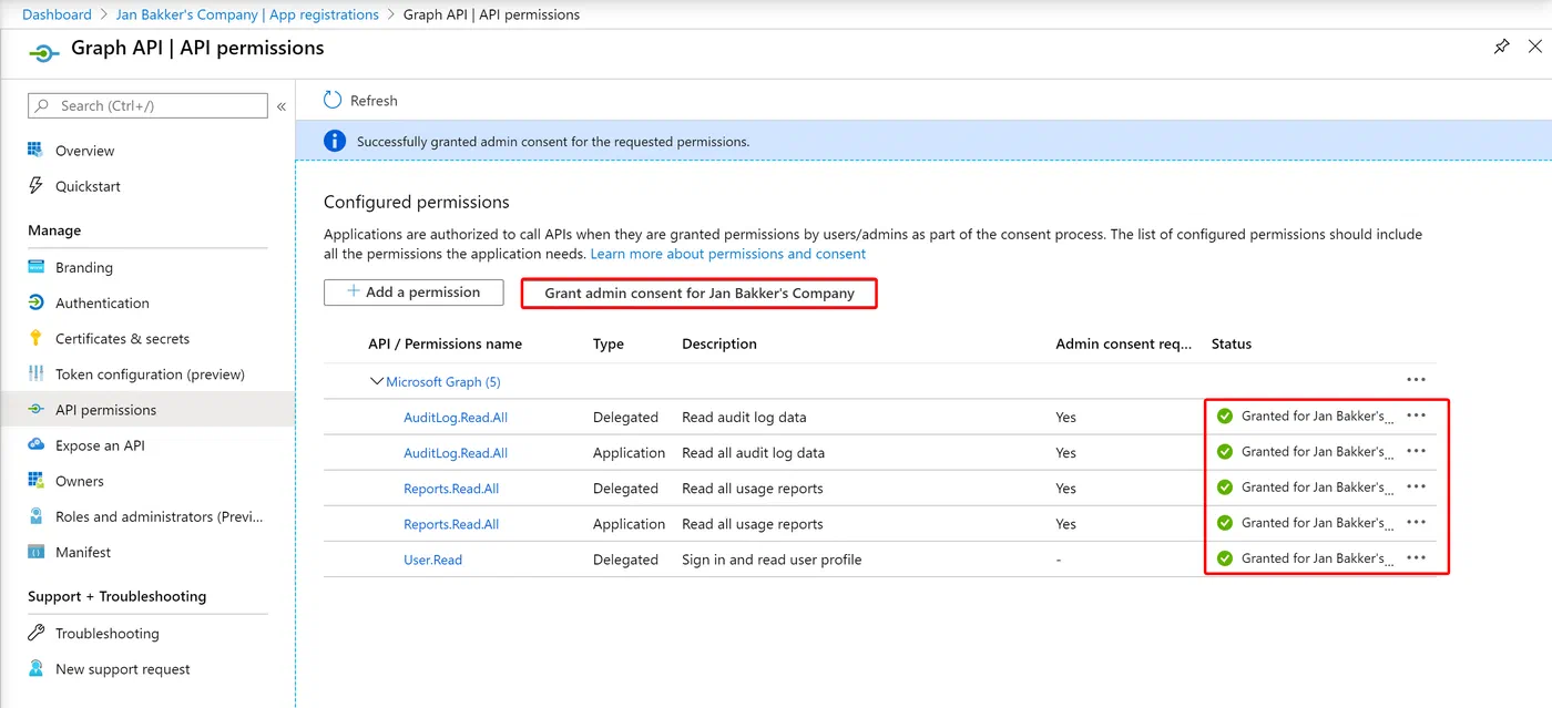 Azure portal action to grant admin consent for application permissions