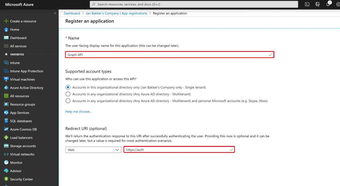 App registration form for entering application details and redirect URL