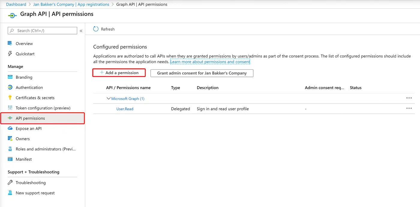 App registration API permissions page for adding Microsoft Graph access