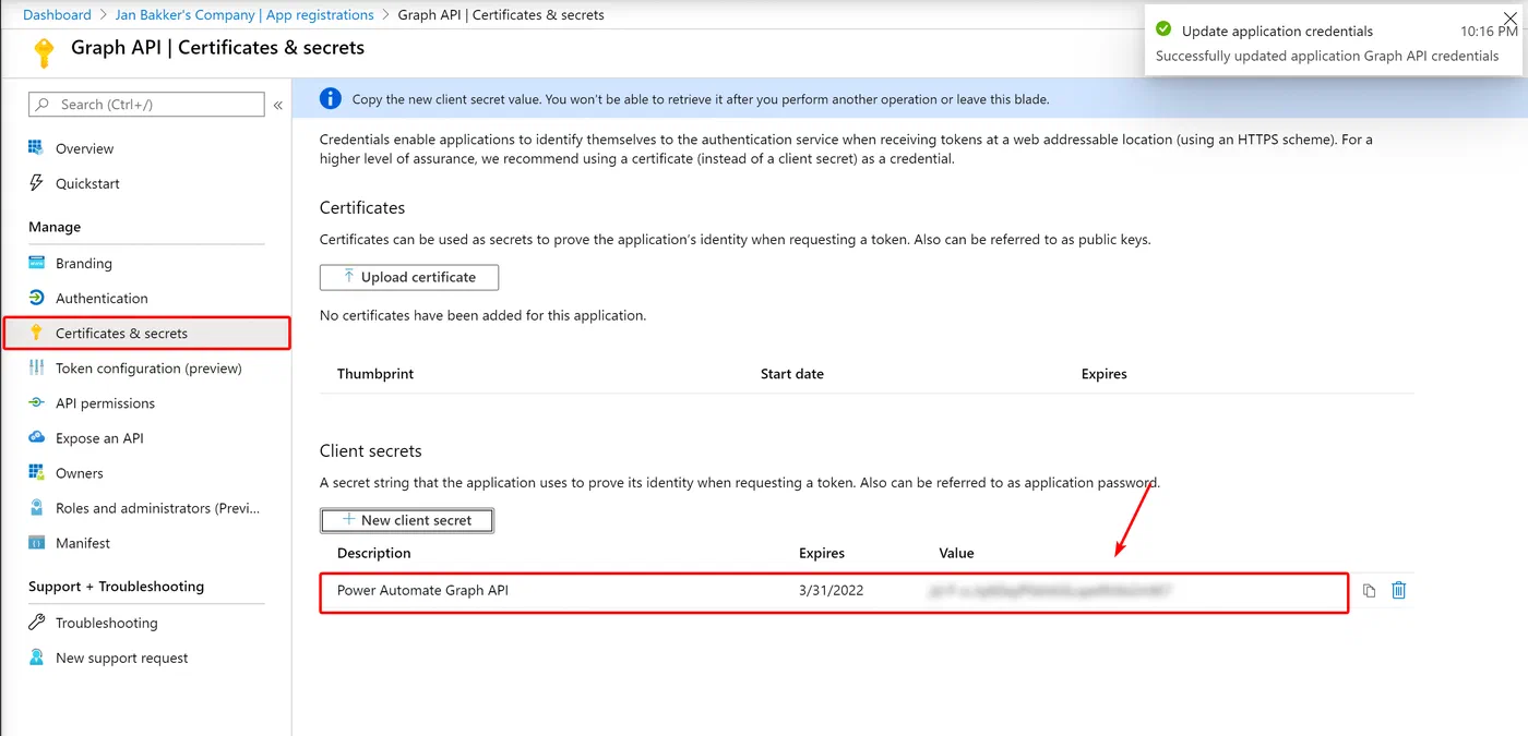 App registration Certificates and secrets page for creating a client secret