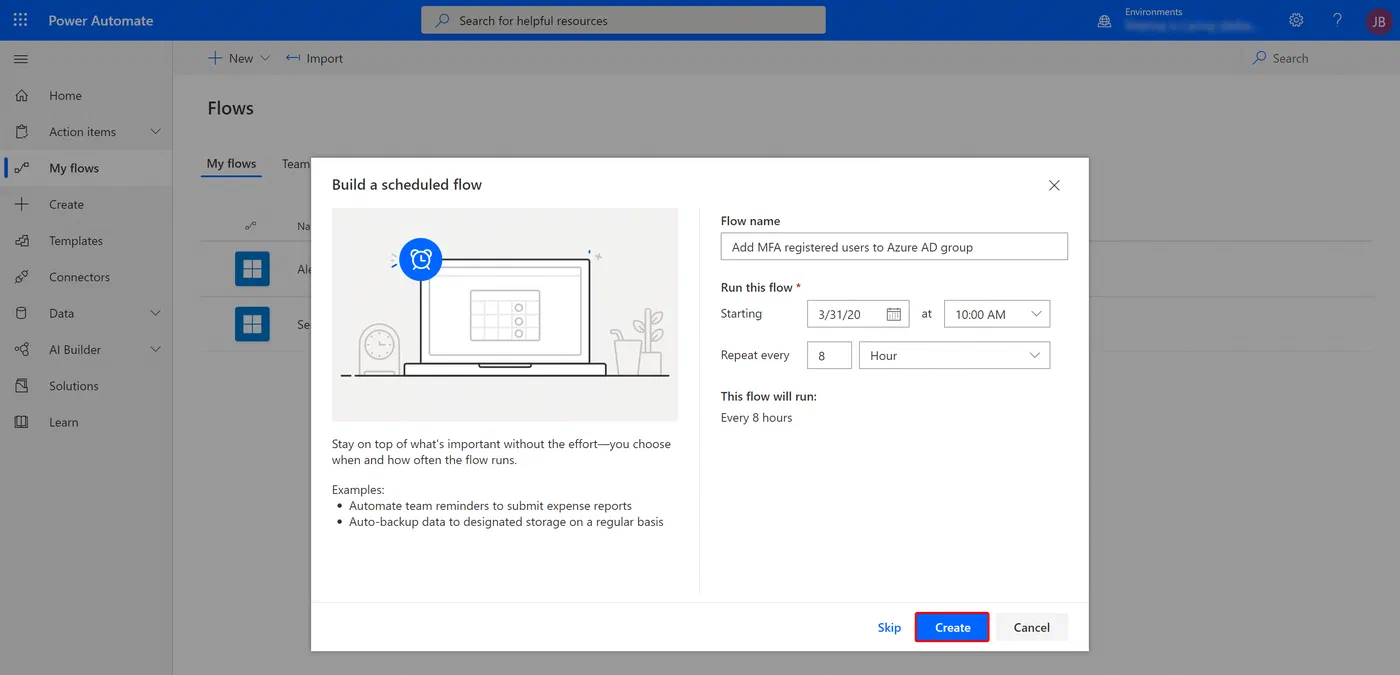 Power Automate form for creating a scheduled cloud flow