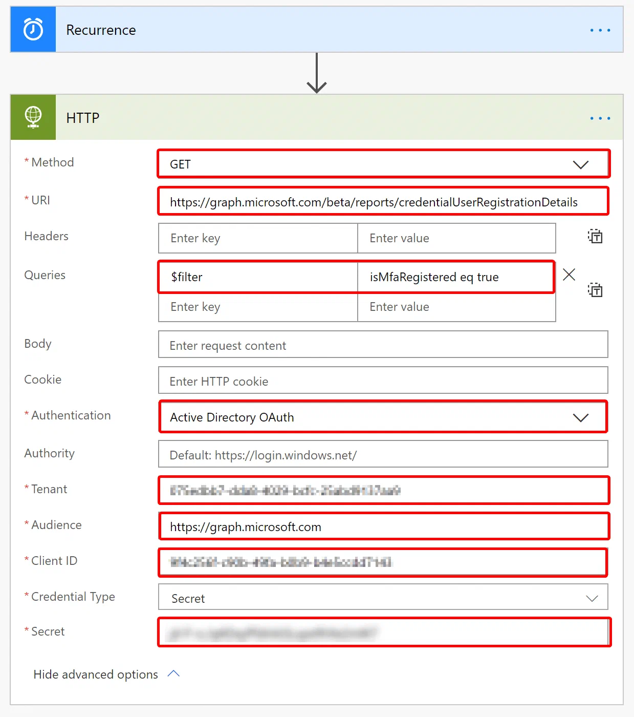 Power Automate HTTP action configured to query MFA registration details