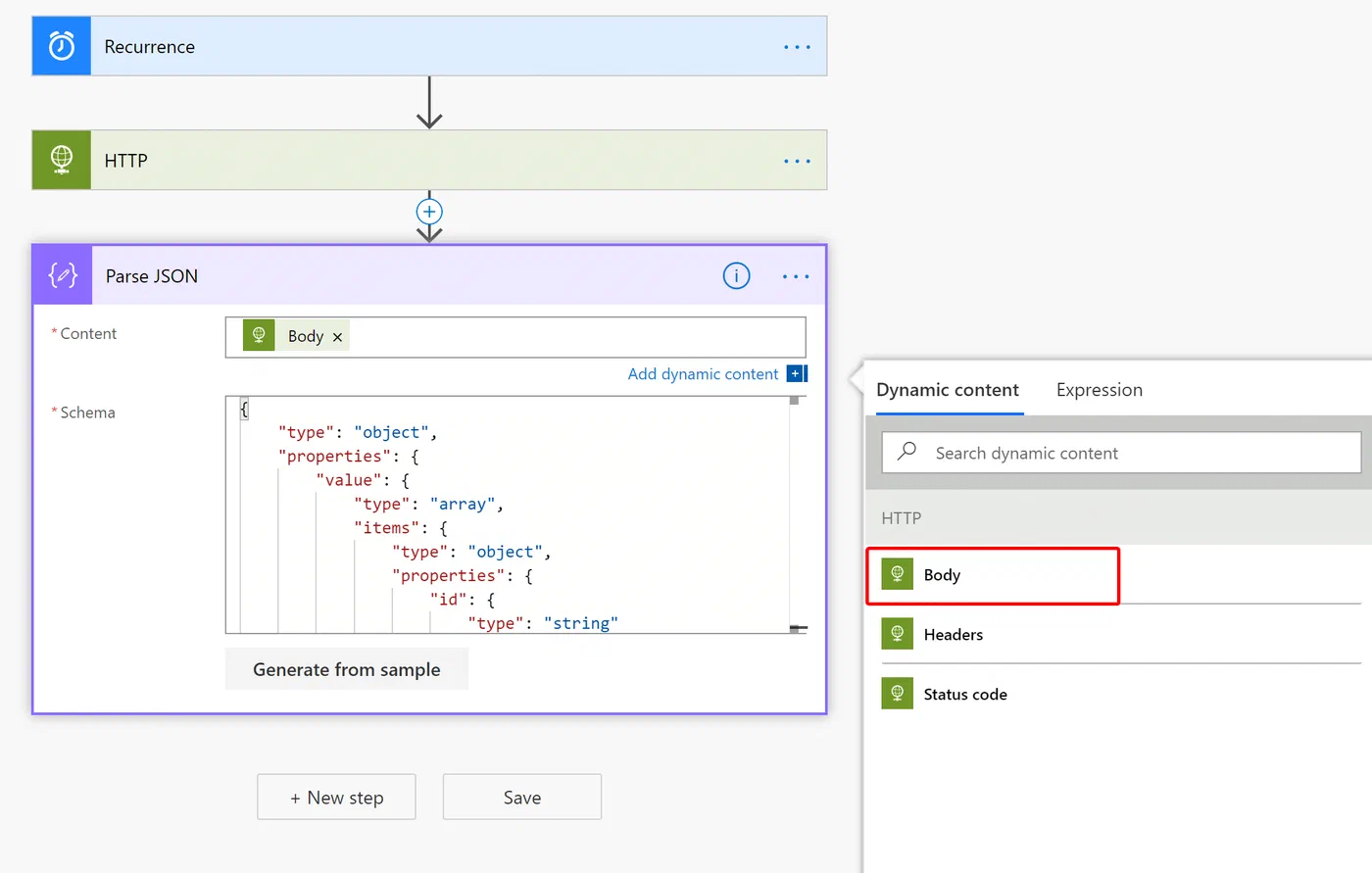 Power Automate Parse JSON action configured for the Graph API response
