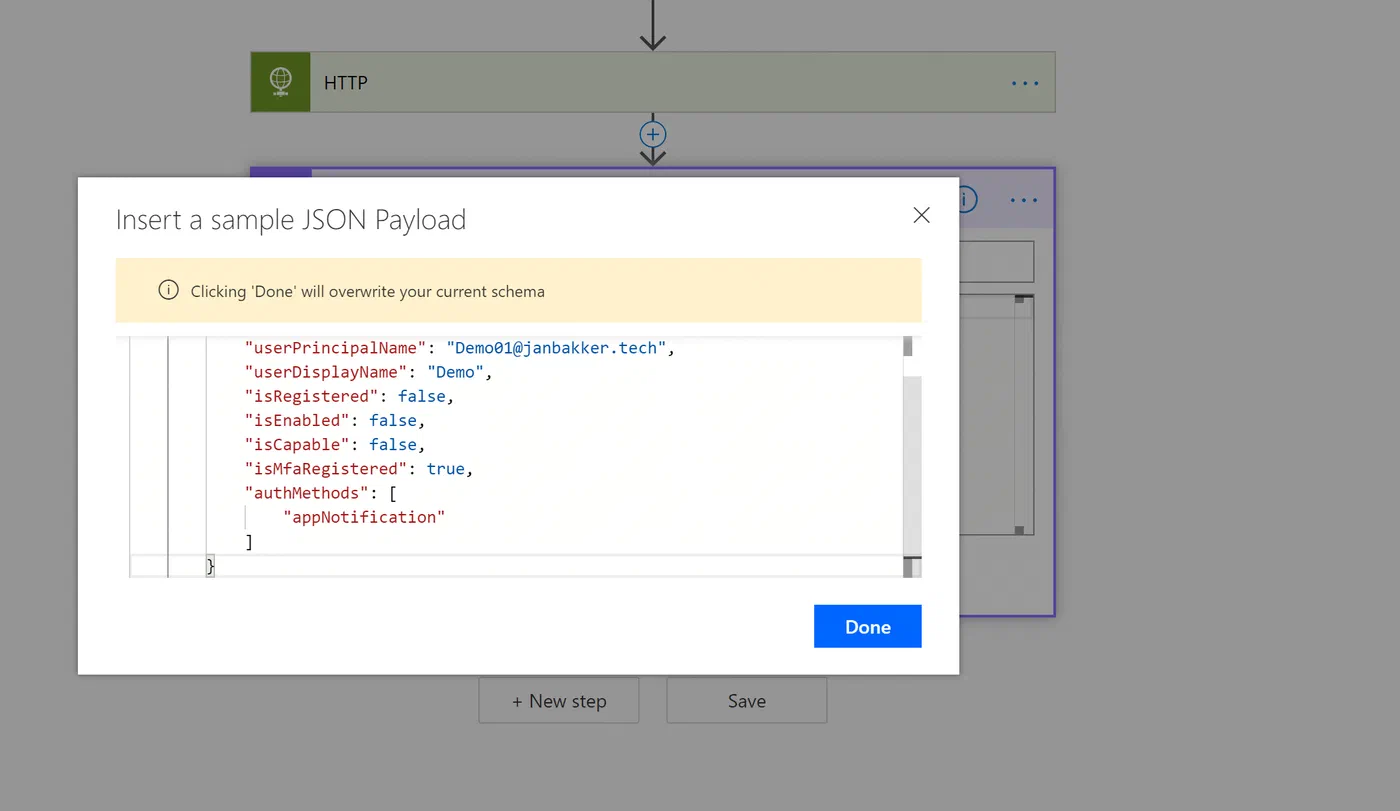 JSON sample data used to generate the Power Automate Parse JSON schema