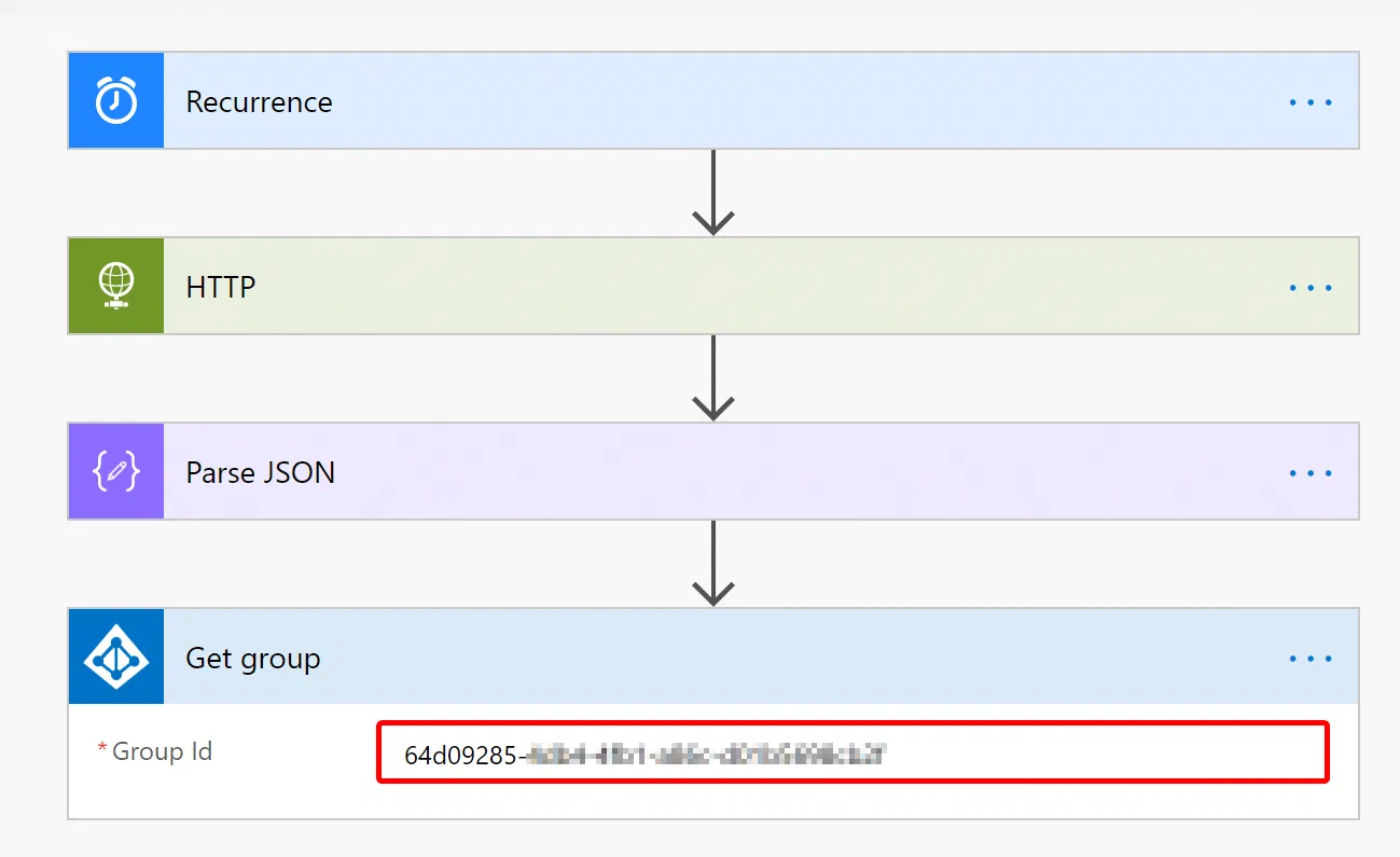 Power Automate Get group action configured with the group’s object ID