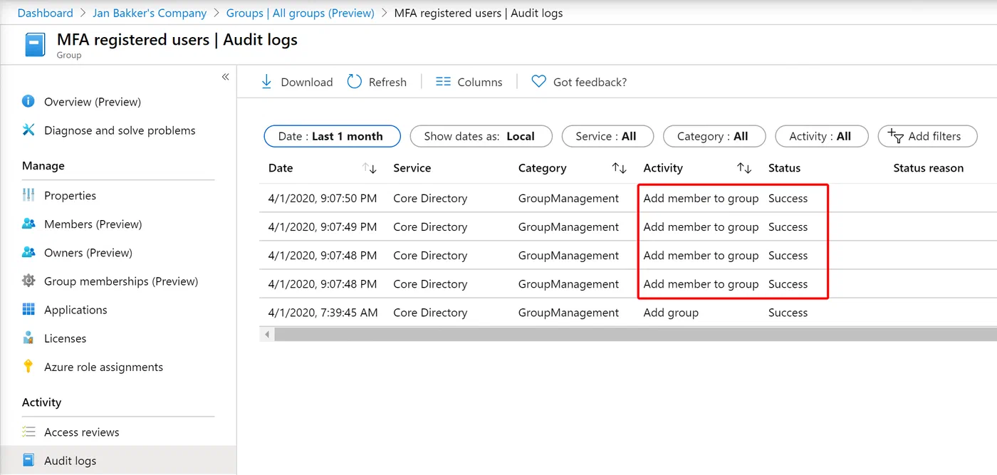 Azure AD audit logs showing group membership changes made by the flow