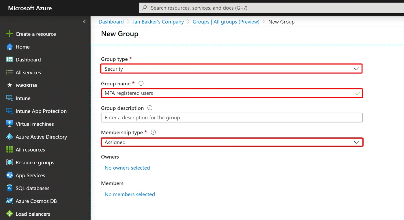 Azure portal form for creating an assigned security group