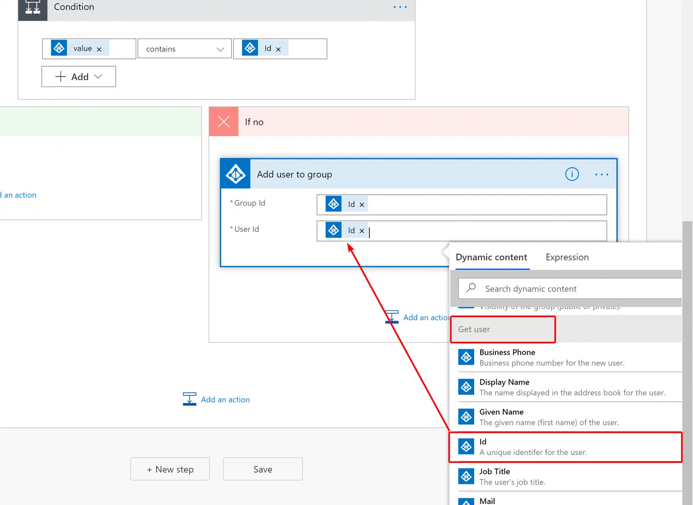 Power Automate Add user to group action with dynamic user and group values