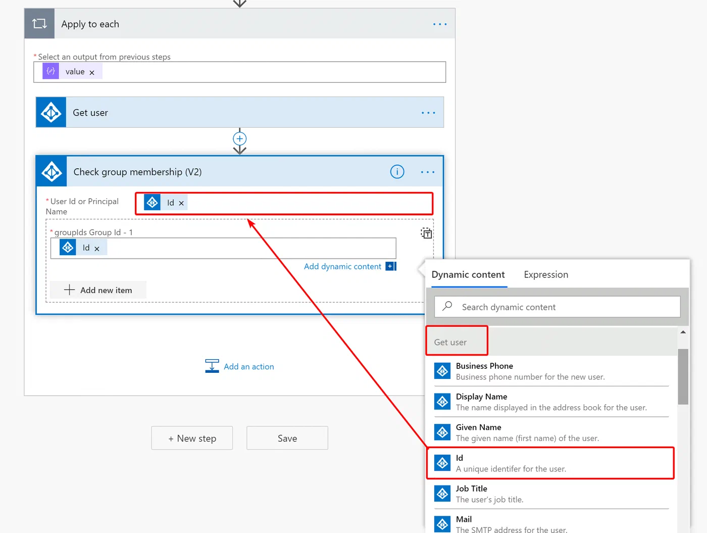 Power Automate Check User Membership action selecting the user and group